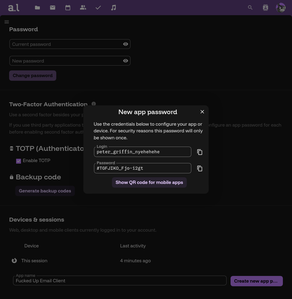 The Devices and Sessions panel in Nextcloud. It lists "This session" as the only session. Overlaid is the "New app password" panel, which displays the credentials "peter_griffin_nyehehehe" and "#TGFJIKO_Fjo-i2gt".