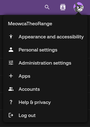 The Account Settings panel in Nextcloud. It lists "Appearance and accessibility", "Personal settings", "Administration settings", "Apps", "Accounts", "Help & privacy", and "Log out".
