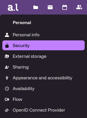 The Settings sidebar in Nextcloud. It lists "Personal info", "Security" "External Storage", and etc.  "Security" is the hightlighted element.